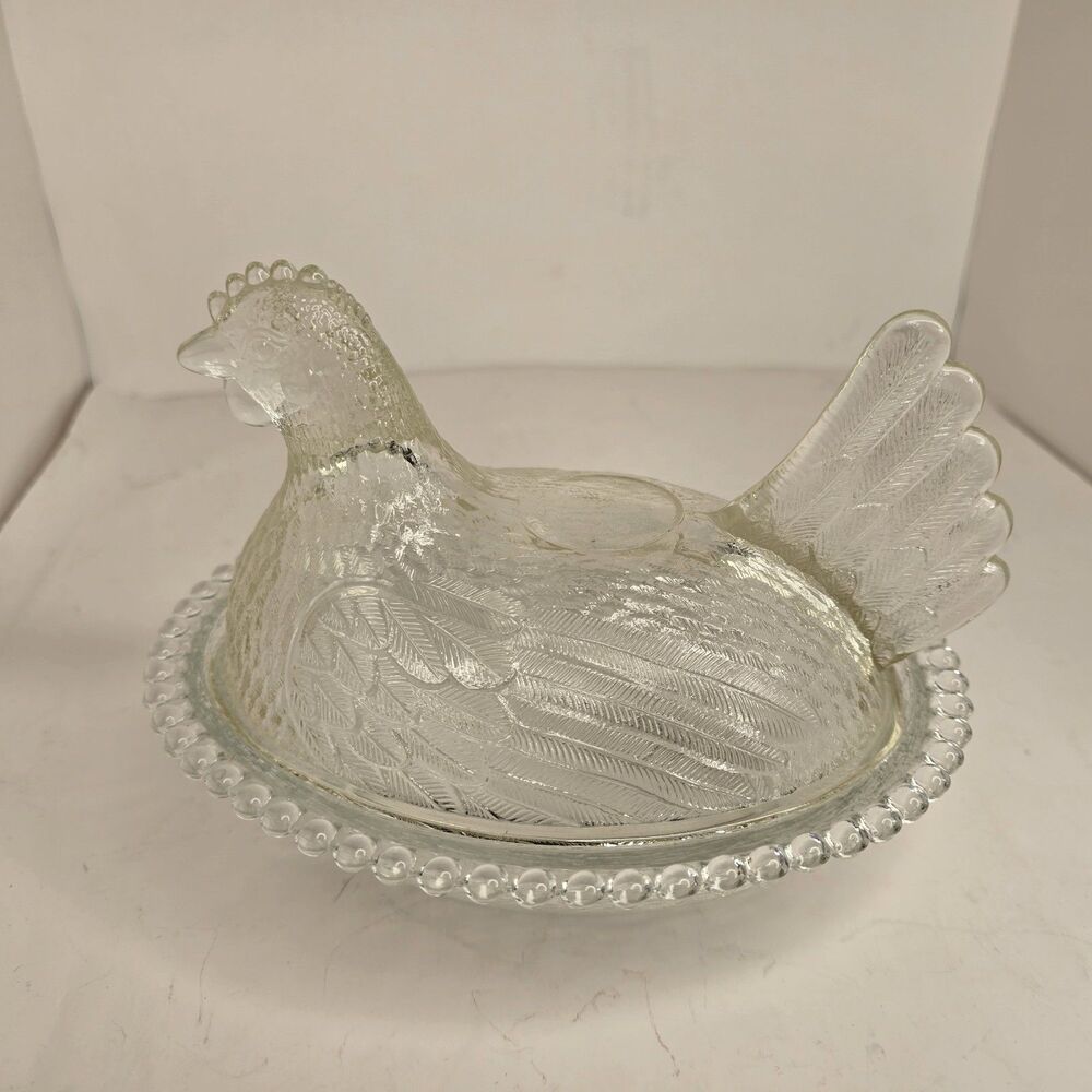 Vintage Clear Glass Hen On Nest Candy Dish *Flaw